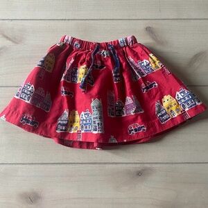 Mini Boden Drawstring Elastic Waist Red Skirt with Colorful House Print